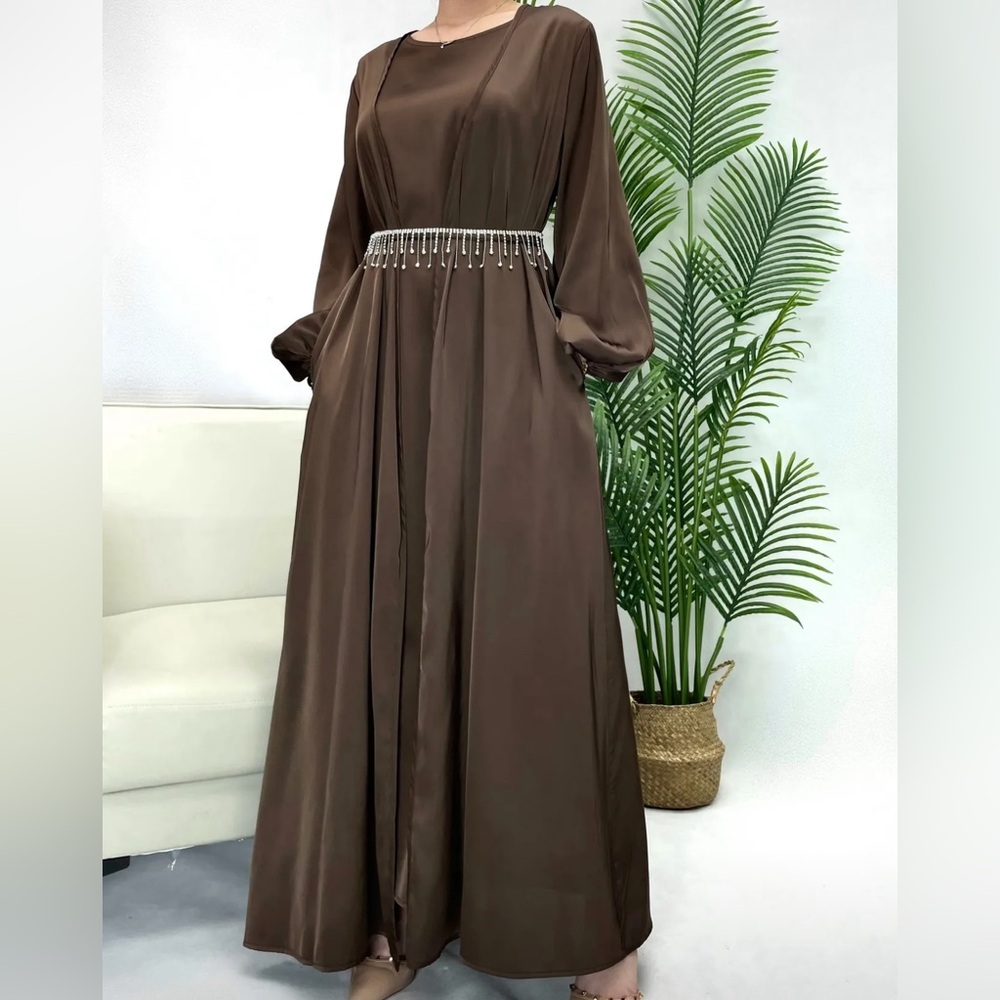3 pc Abaya set - Elegant Long Sleeve Loose Maxi Dress with Belt and open abaya